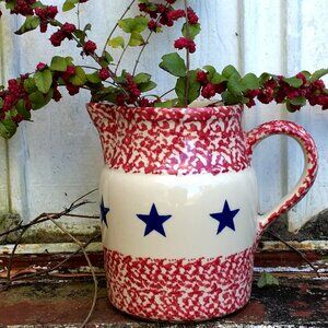 Red Spongeware Blue Star Large Pitcher Gerald Henn/Fourth of July/Housewarming